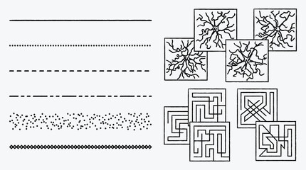 Monochrome abstract shapes with linear and dotted patterns for design elements