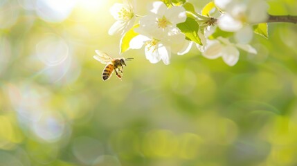 Honeybee Flying Near White Blossom Flowers in Sunlit Orchard