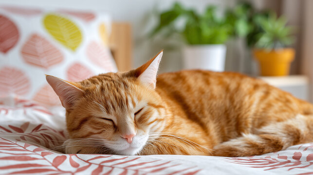 Sleeping Orange Cat on Cozy Bed in a Sunlit Bedroom - 1 - Powered by Adobe