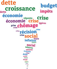 word, cloud, French, economy, social, issues, triangle, shape, colorful, text, crisis, budget, debt, unemployment, inflation, recession, growth, taxes, illustration, graphic