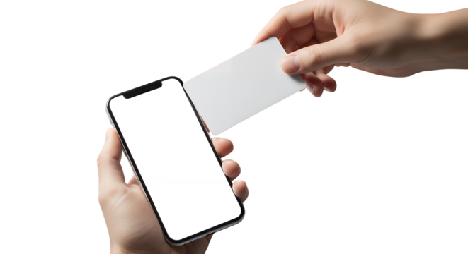 Hand holding a smartphone with a credit card near the screen, isolated on transparent background - Powered by Adobe