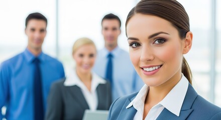 Fototapeta premium Smiling businesswoman with colleagues in the background, teamwork concept