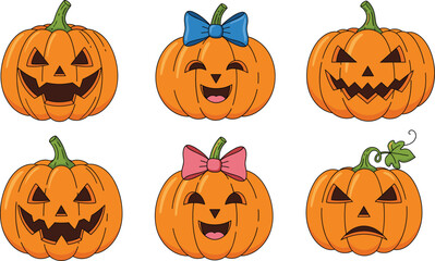 Cartoon jack-o'-lantern set with expressive pumpkin faces, Halloween emotions, cute bows, spooky smiles, festive character icons and decorations