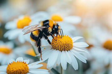 Closeup of bee collecting nectar on yellow flower in vibrant city garden environment, generative ai