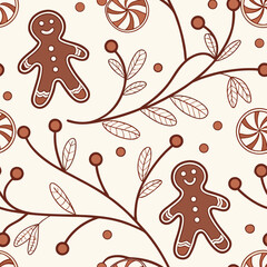 Obraz premium Intricate seamless gingerbread pattern with sweets and plant sprigs on light background. Intricate gingerbread art inspires festive cheer with whimsical details and natural elements.