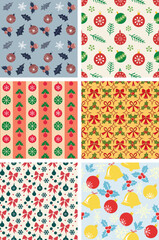 Obraz premium Christmas wrapping paper pattern set featuring festive decorations for seasonal cheer. Christmas wrapping paper evokes holiday spirit with ornaments, holly, and ribbons in multiple repeatable designs.