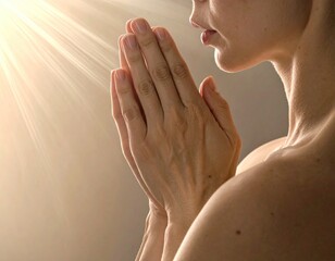 Woman Praying with Hands Clasped in Temple Hall