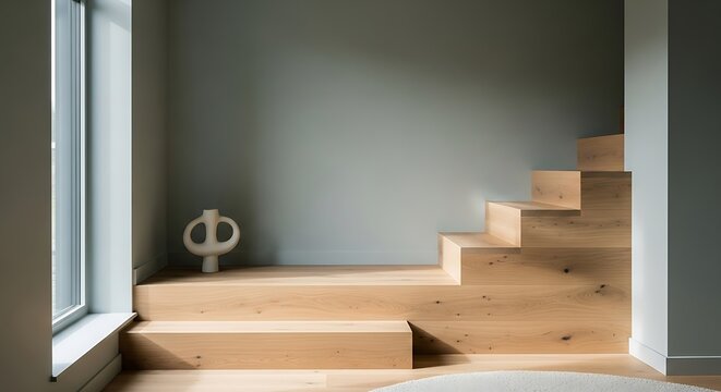 Sophisticated minimalist staircase with ceramic vase decoration indoors