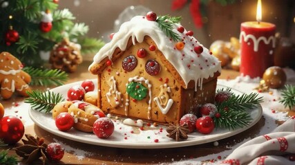 Gingerbread house decorated with icing and candy on plate with christmas cookies and a candle. - Powered by Adobe