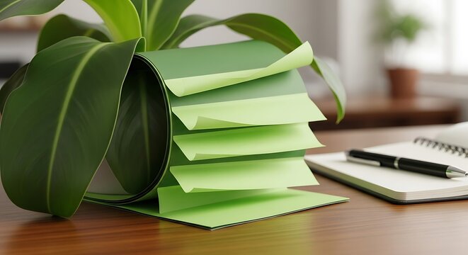 Eco-friendly office setup featuring greenery and sustainable stationery