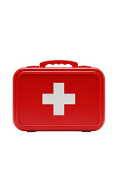 Obraz premium Bright red medical emergency kit with white cross symbol for urgent care and health supplies isolated on transparent background