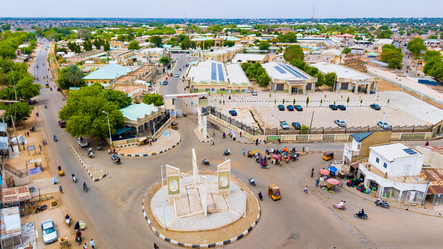 Aerial view of the vibrant roundabout and buildings with solar panels basking under the sun, M Dikko Road, Katsina, Katsina, Nigeria.