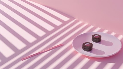 Minimalist Pink Sushi Plate with Two Sushi Rolls and Chopsticks on Pink and White Striped Surface