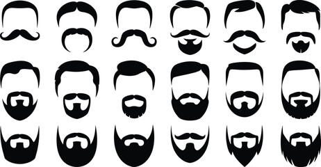 Male grooming silhouette set with diverse hairstyles, beards, mustaches, facial hair styles, character icons, and barber design elements