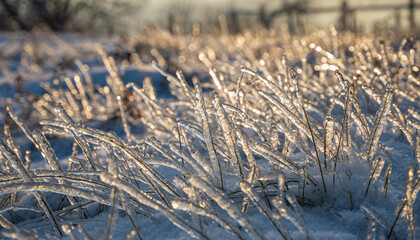 Fototapeta premium Frozen winter meadow sparkles in the cold sunlight