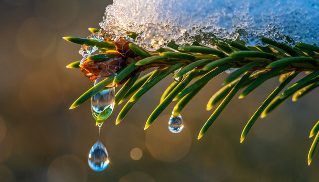 Melting snow and water droplets on vibrant pine branch