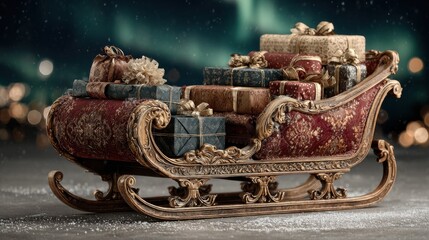 Fototapeta premium Ornate holiday sleigh overflowing with beautifully wrapped presents rests on crisp winter snow.