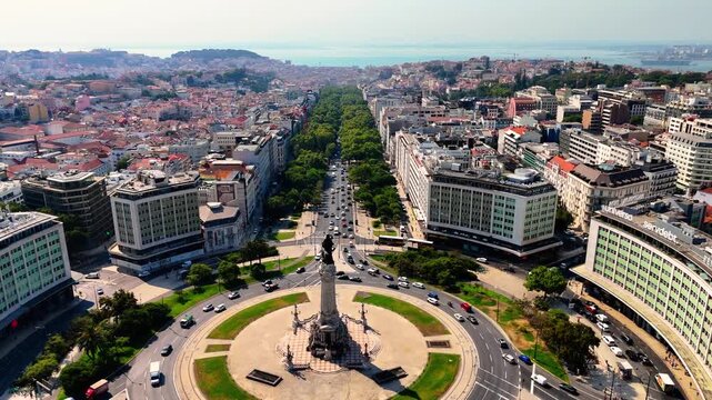 Lisbon at Sunset from Above &ndash;  Drone Flight Over Historic Rooftops, Red Palms and Oceanfront City Square. Portugal Aerial 