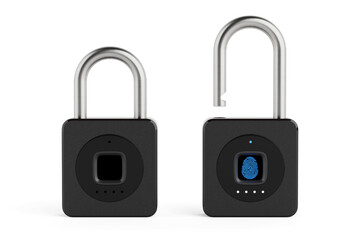 Smart Security And Biometric Access Concept. Black Fingerprint Padlocks Locked And Unlocked. 3d Rendering