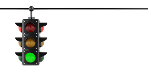 Urban Transportation Concept. Hanging Traffic Light With Green Signal. 3d Rendering