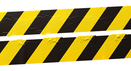 Two strips of wrinkled yellow and black striped hazard warning tape with torn edges, isolated on transparent background