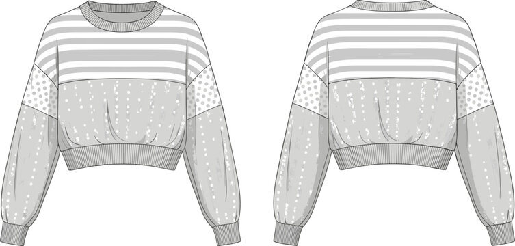 Cropped striped and polka dot sweater flat sketch with textured knit panels, balloon sleeves, ribbed hem and cuffs illustration
