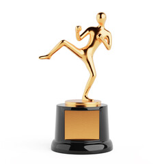 Martial Arts Victory Concept. Golden Trophy With Abstract Kicking Fighter Pose On Black Pedestal. 3d Rendering