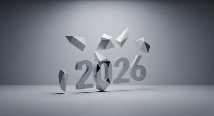 Abstract 3d rendering of the year 2026 breaking apart