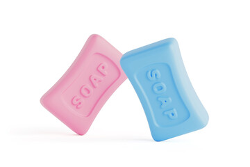 Cleanliness And Hygiene Concept. Pink And Blue Soap Bars With Embossed Text Standing. 3d Rendering