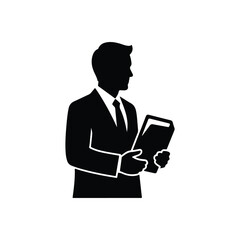 Businessman Holding Document Silhouette Icon - Vector Art on White Background