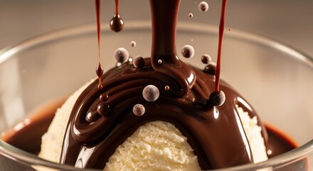 A cascade of luscious chocolate sauce atop a pristine scoop of frozen delight