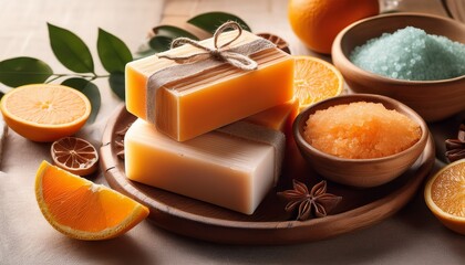 refreshing citrus spa experience with orange slices natural soap bars and bath salts for a relaxing self care ritual