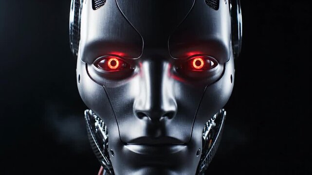 Close up of futuristic android face with sleek metallic finish