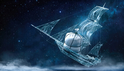 Dreamy ethereal ship sailing through the starry sky