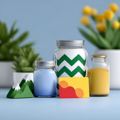 Savings concept with stylized jars, credit card, and mountains