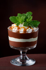Chocolate pudding parfait with whipped cream caramel and mint