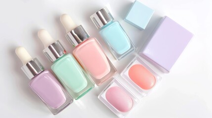 Pastel Nail Polish Bottles in Soft Colors on White Background