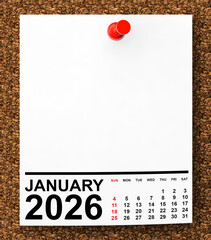 Calendar January 2026 on Blank Note Paper. 3d Rendering
