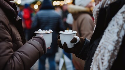 People Holding Cups of Hot Chocolate in Winter Crowd at Outdoor Market
