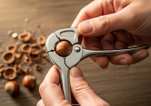 Hands using a metal nutcracker to crack a hazelnut on a wooden table
