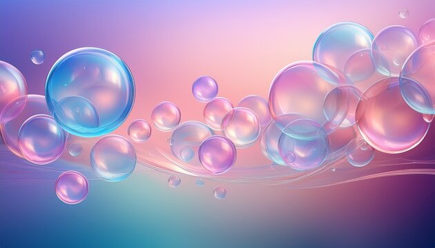 translucent pastel bubbles floating on a soft gradient background with reflective surfaces in pink blue and purple