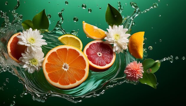 vibrant citrus fruits and delicate flowers splash into dark green water creating dynamic refreshing abstract patterns
