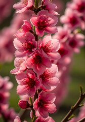 Obraz premium Close-up of vibrant pink peach blossoms, symbolizing spring and new beginnings. The blossoms are in full bloom, revealing intricate details