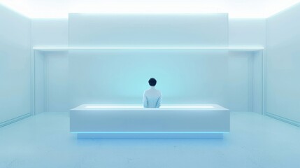 Person Standing in Minimalist Modern White Room with Blue Lighting