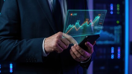 Investor analyzes live stock market data on smartphone screen in a secure server room for financial trading strategy and investment decision making