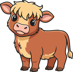 Cute cartoon highland cow calf vector illustration adorable baby cattle farm animal icon
