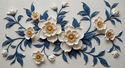 Elegant 3D Floral Relief with Blue Foliage on Cream Background.