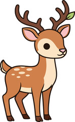 Cute cartoon deer vector illustration kawaii fawn with antlers and leaf forest animal clipart for kids