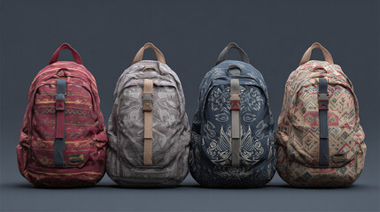 Four vibrant backpacks of various colors displayed in a row, each showcasing unique patterns and designs. A perfect visual for travel or fashion related projects.
