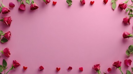Pink Background with Red Roses and Heart Petals for Romantic or Valentine's Day Design